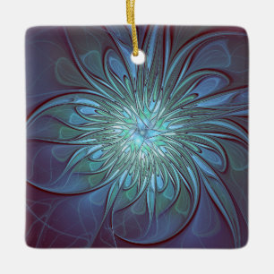 Modern Abstract Trendy Blue Flower Fractal Art Ceramic Ornament