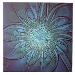 Modern Abstract Trendy Blue Flower Fractal Art Ceramic Tile