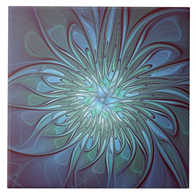 Modern Abstract Trendy Blue Flower Fractal Art Ceramic Tile (Front)