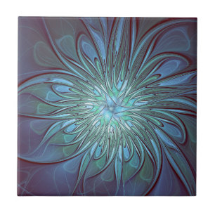 Modern Abstract Trendy Blue Flower Fractal Art Ceramic Tile