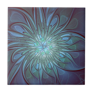 Modern Abstract Trendy Blue Flower Fractal Art Ceramic Tile