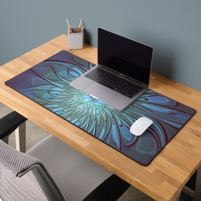 Modern Abstract Trendy Blue Flower Fractal Art Desk Mat (Office 2)