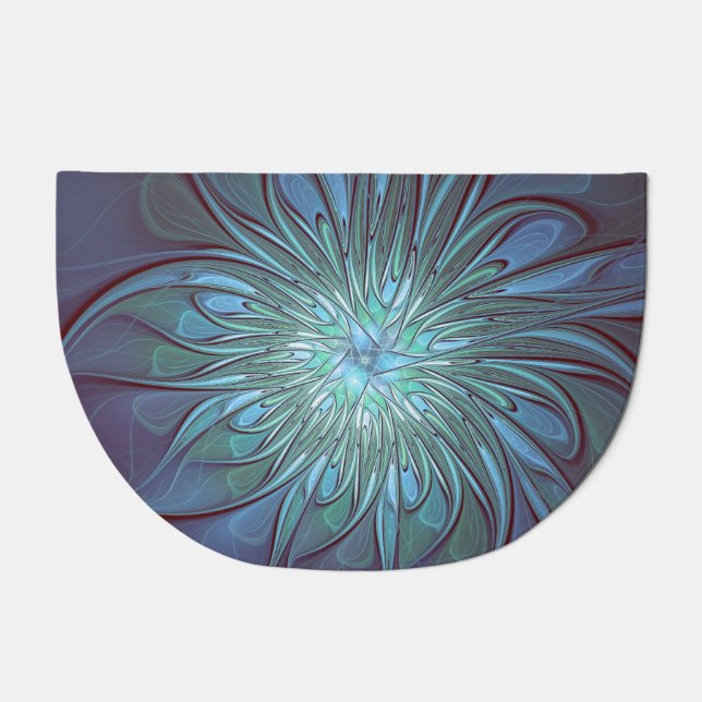 Modern Abstract Trendy Blue Flower Fractal Art Doormat (Front)