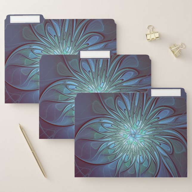 Modern Abstract Trendy Blue Flower Fractal Art File Folder (Set)