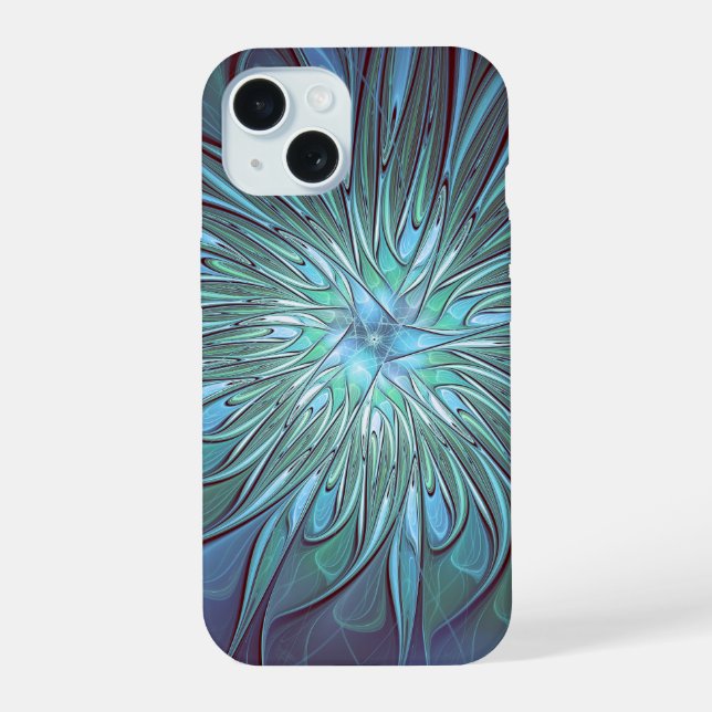 Modern Abstract Trendy Blue Flower Fractal Art iPhone 15 Case (Back)