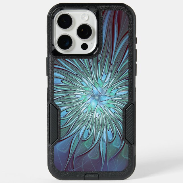 Modern Abstract Trendy Blue Flower Fractal Art iPhone 15 Pro Max Case (Back)