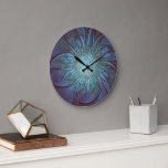 Modern Abstract Trendy Blue Flower Fractal Art Large Clock