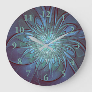 Modern Abstract Trendy Blue Flower Fractal Art Large Clock