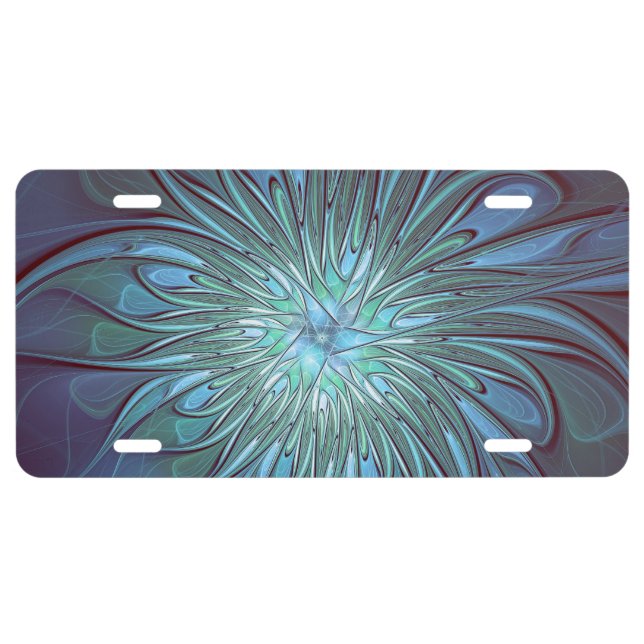 Modern Abstract Trendy Blue Flower Fractal Art License Plate (Front)