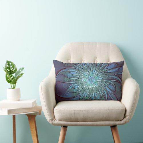 Modern Abstract Trendy Blue Flower Fractal Art Lumbar Pillow