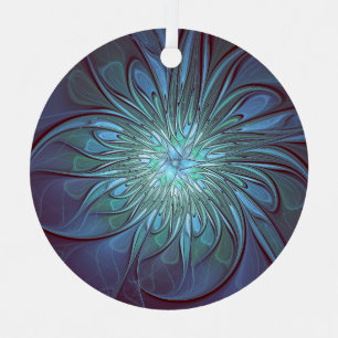 Modern Abstract Trendy Blue Flower Fractal Art Metal Ornament