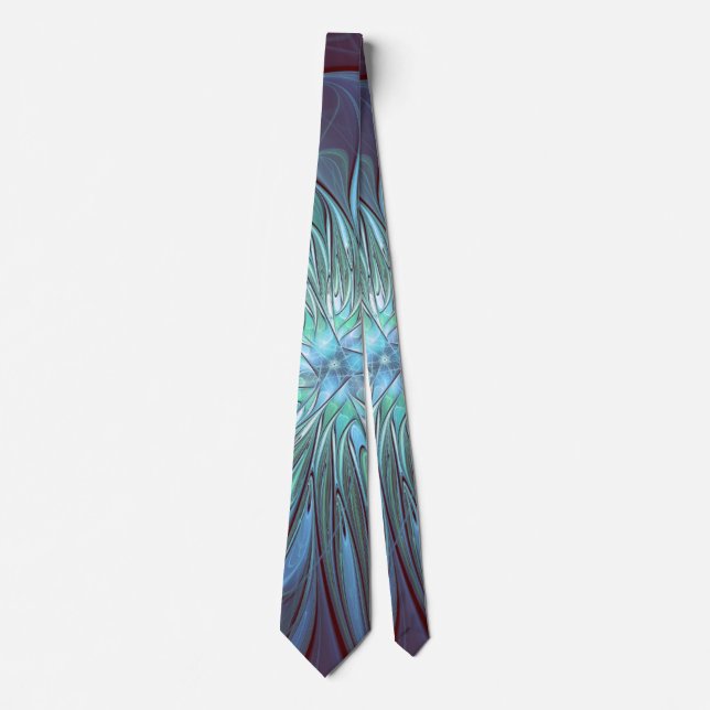 Modern Abstract Trendy Blue Flower Fractal Art Neck Tie (Front)