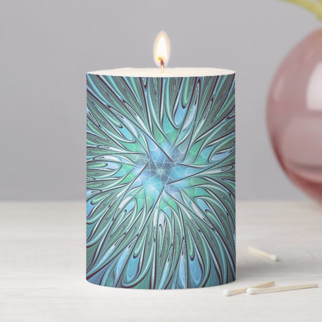 Modern Abstract Trendy Blue Flower Fractal Art Pillar Candle (In Situ)