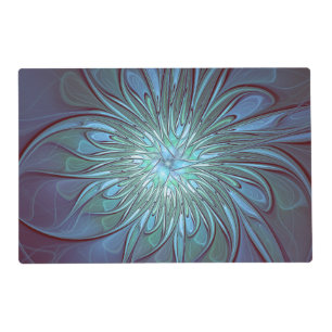 Modern Abstract Trendy Blue Flower Fractal Art Placemat