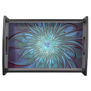 Modern Abstract Trendy Blue Flower Fractal Art Serving Tray