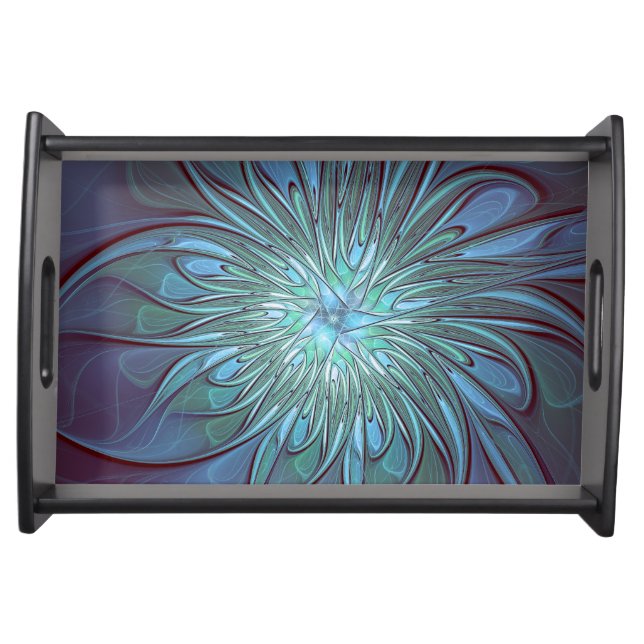 Modern Abstract Trendy Blue Flower Fractal Art Serving Tray (Front)
