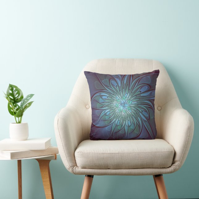 Modern Abstract Trendy Blue Flower Fractal Art Throw Pillow (Chair)