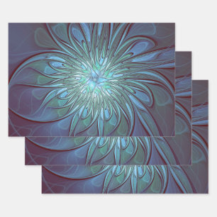 Modern Abstract Trendy Blue Flower Fractal Art Wrapping Paper Sheets