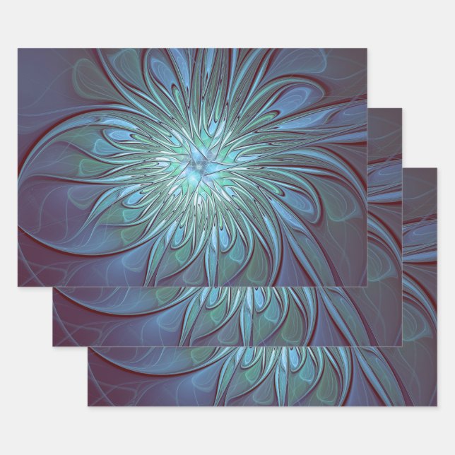 Modern Abstract Trendy Blue Flower Fractal Art Wrapping Paper Sheets (Set)
