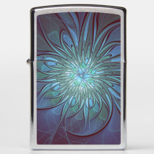 Modern Abstract Trendy Blue Flower Fractal Art Zippo Lighter