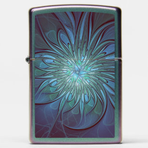 Modern Abstract Trendy Blue Flower Fractal Art Zippo Lighter