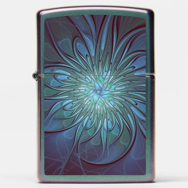 Modern Abstract Trendy Blue Flower Fractal Art Zippo Lighter (Front)