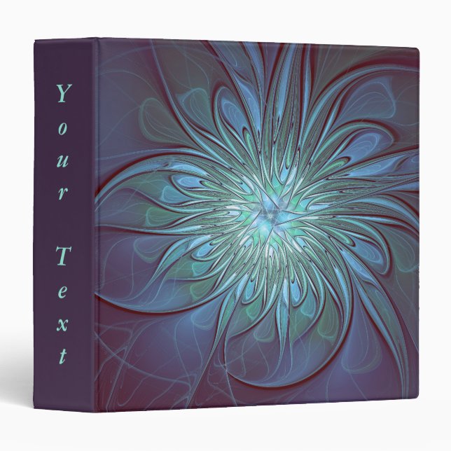 Modern Abstract Trendy Blue Flower Fractal Text 3 Ring Binder (Front/Spine)