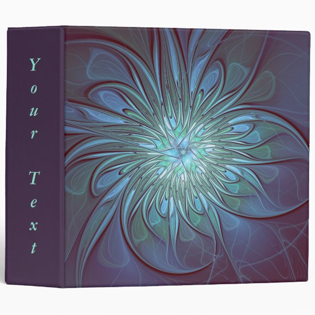 Modern Abstract Trendy Blue Flower Fractal Text 3 Ring Binder (Front/Spine)