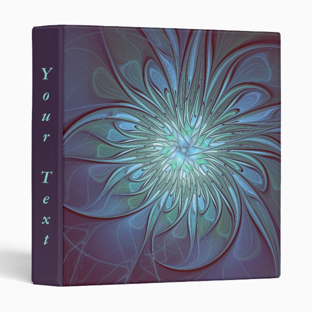 Modern Abstract Trendy Blue Flower Fractal Text 3 Ring Binder (Front/Spine)