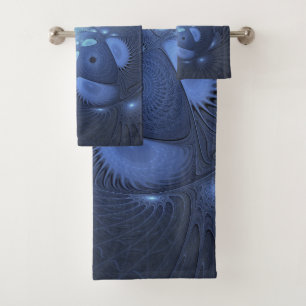 Modern Abstract Trendy Dusk Blue Fractal Art Bath Towel Set