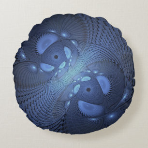 Modern Abstract Trendy Dusk Blue Fractal Art Round Pillow