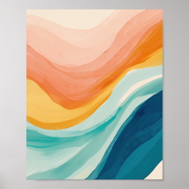 Modern Abstract Trendy Pink Yellow Blue Waves Poster (Front)