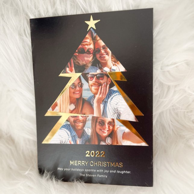 Modern abstract Triangles photos christmas tree  Foil Holiday Card (Creator Uploaded)