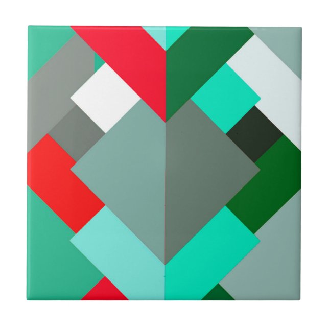 Modern Abstract Triangles, Turquoise, Red, & Gray Ceramic Tile (Front)