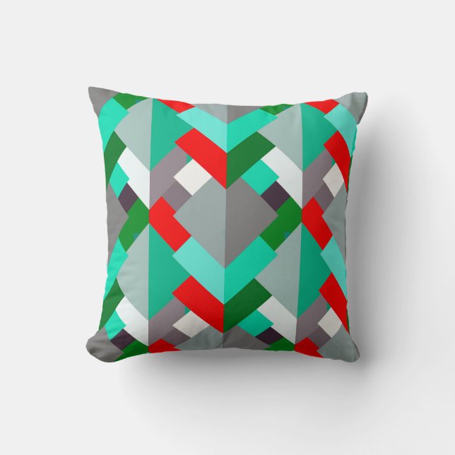 Modern Abstract Triangles, Turquoise, Red, & Gray Throw Pillow (Front)