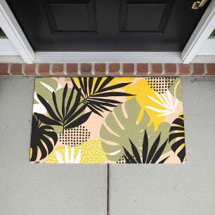 Modern Abstract Tropical Leaves & Polka Dots Doormat