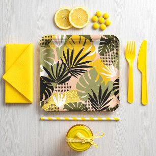 Modern Abstract Tropical Leaves & Polka Dots Paper Plates