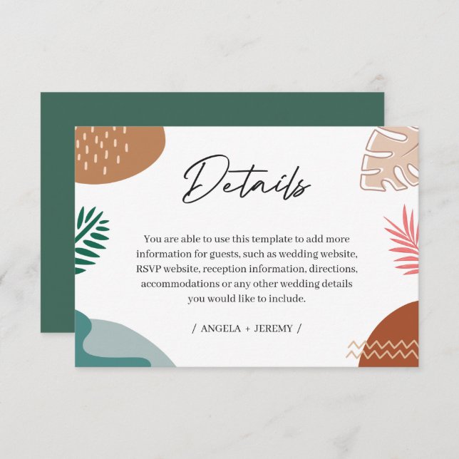 Modern Abstract Tropical Leaves Wedding Details Enclosure Card (Front/Back)