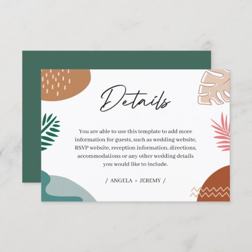 Modern Abstract Tropical Leaves Wedding Details Enclosure Card