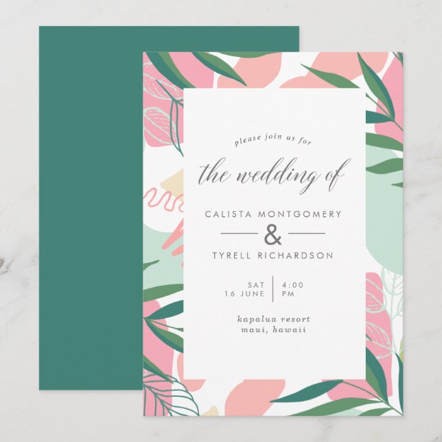 Modern Abstract Tropical Leaves Wedding Invitation (Front/Back)