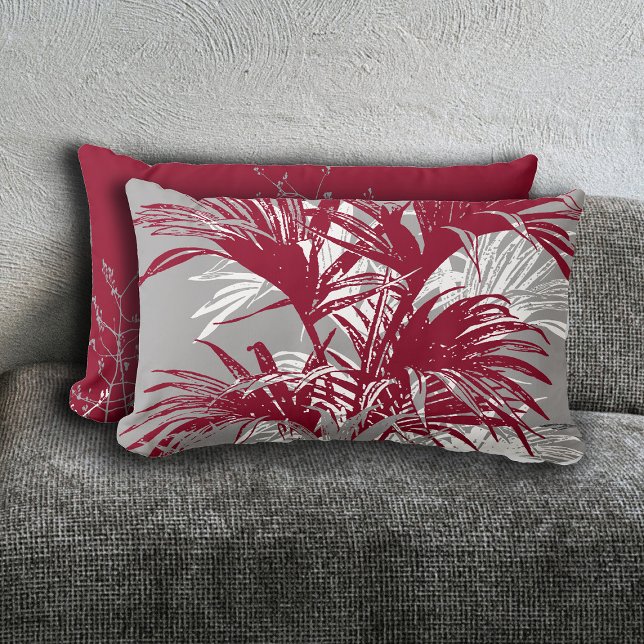 Modern Abstract Tropical Palm Trees Burgundy Grey Lumbar Pillow (Creator Uploaded)