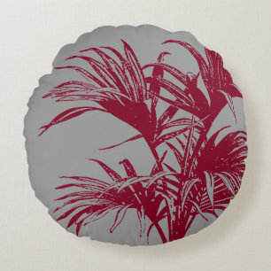 Modern Abstract Tropical Palm Trees Burgundy Grey Round Pillow