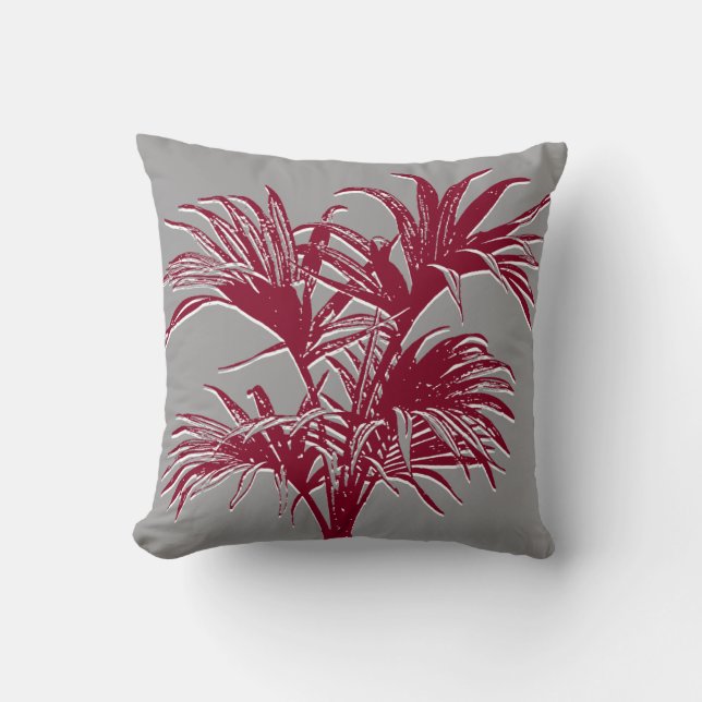 Modern Abstract Tropical Palm Trees Burgundy Grey Throw Pillow (Front)