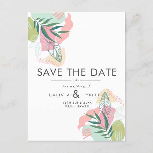 Modern Abstract Tropical Pink  Green Wedding Save Announcement Postcard