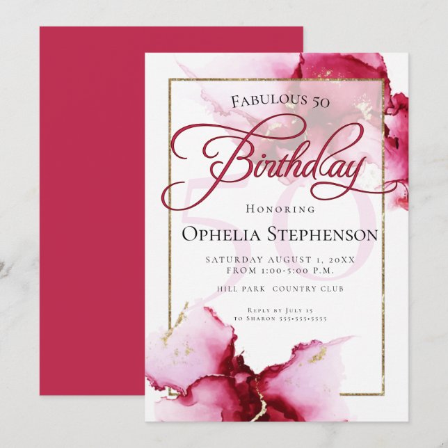 Modern Abstract Vivid Burgundy Pink Birthday  Invitation (Front/Back)