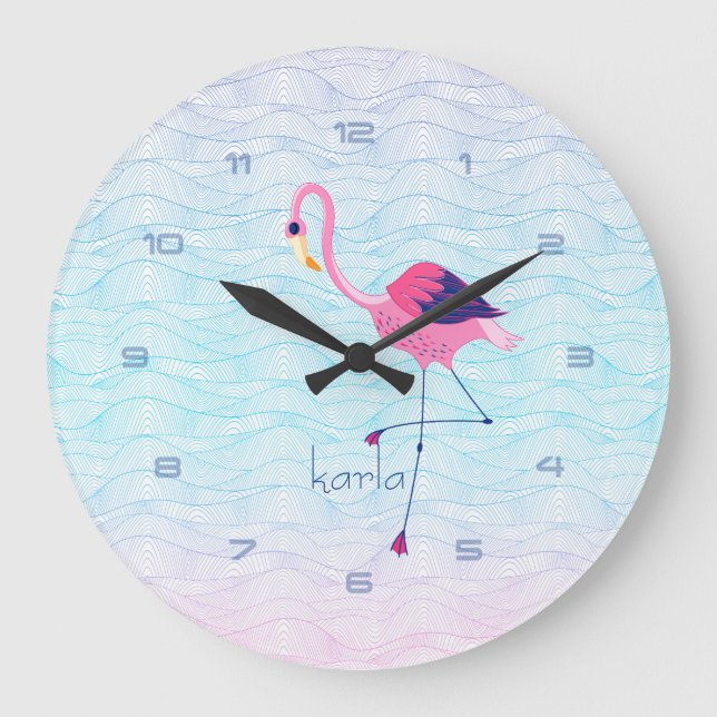Modern Abstract Water Waves & Pink Flamingo Large Clock (Front)