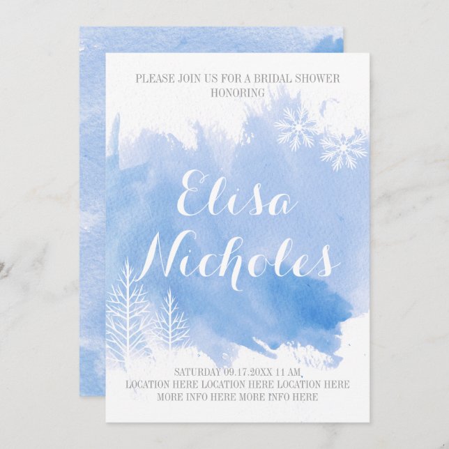 Modern abstract watercolor blue bridal shower invitation (Front/Back)