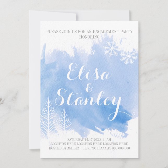 Modern abstract watercolor blue engagement party invitation (Front)