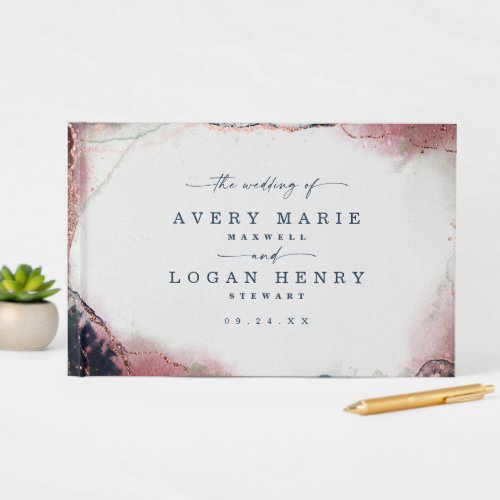 Modern Abstract Watercolor Burgundy  Navy Wedding Guest Book