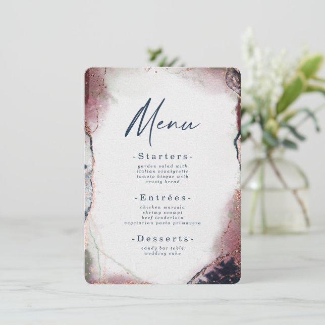 Modern Abstract Watercolor Burgundy & Navy Wedding Menu (Standing Front)